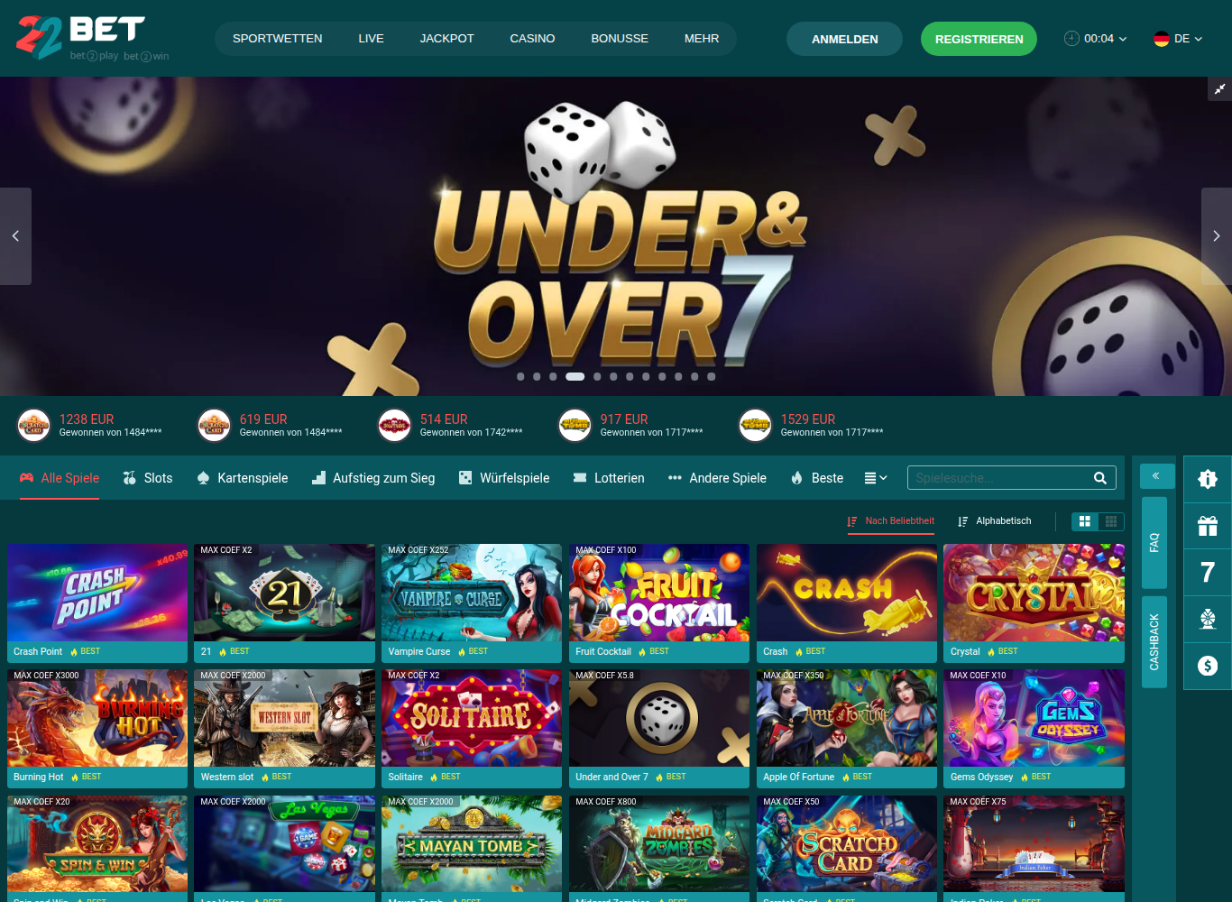 22Games von 22Bet mit Crash Point, Fruit Cocktail und weiteren hauseigenen Spielen