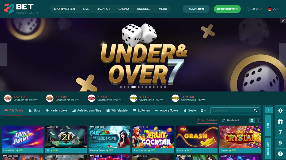 22Games von 22Bet mit Crash Point, Fruit Cocktail und weiteren hauseigenen Spielen