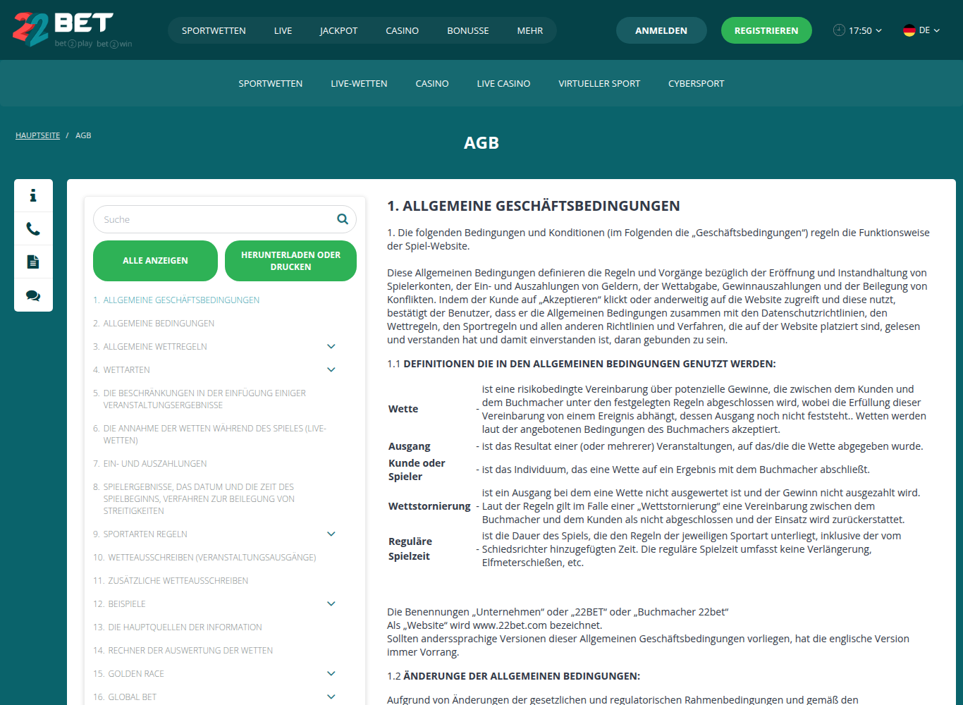 Allgemeine Geschäftsbedingungen von 22Bet auf Deutsch