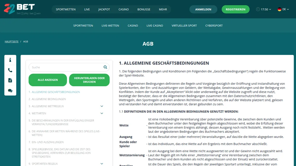 Allgemeine Geschäftsbedingungen von 22Bet auf Deutsch