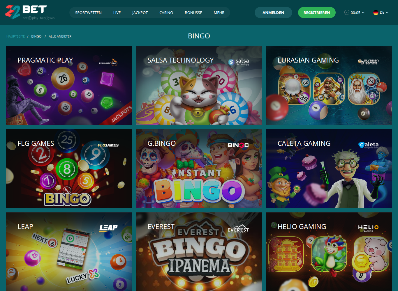 Bingo-Bereich von 22Bet mit Räumen von Pragmatic Play, G.Bingo und Caleta Gaming