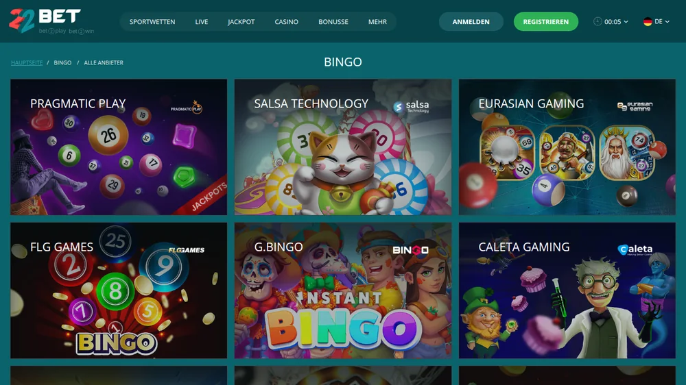 Bingo-Bereich von 22Bet mit Räumen von Pragmatic Play, G.Bingo und Caleta Gaming