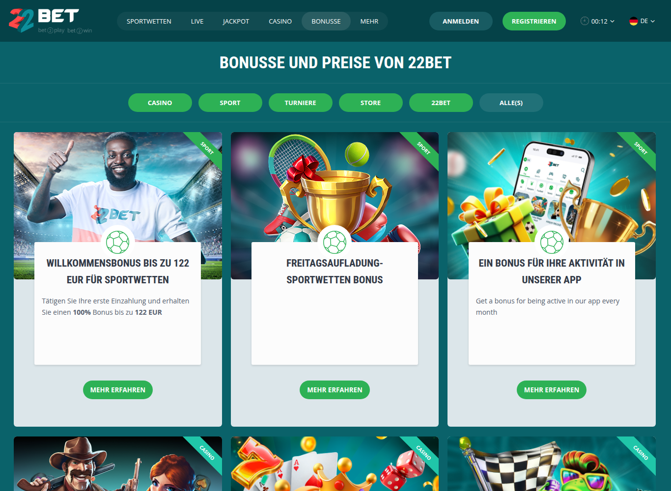 Bonusübersicht von 22Bet auf Deutsch mit Willkommensbonus bis 122 Euro und Freitagsaufladung