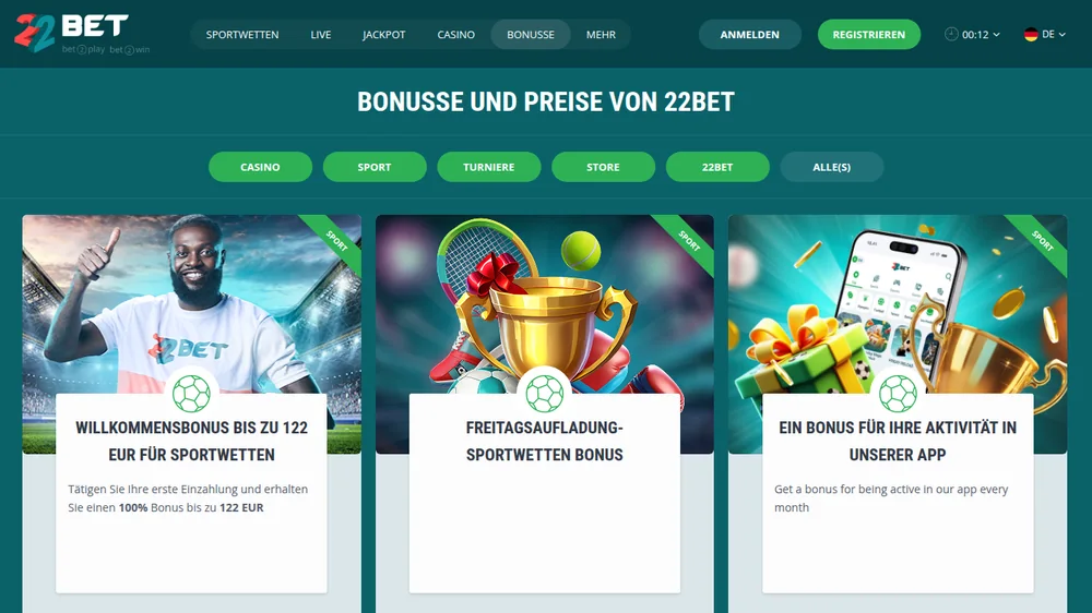 Bonusübersicht von 22Bet auf Deutsch mit Willkommensbonus bis 122 Euro und Freitagsaufladung