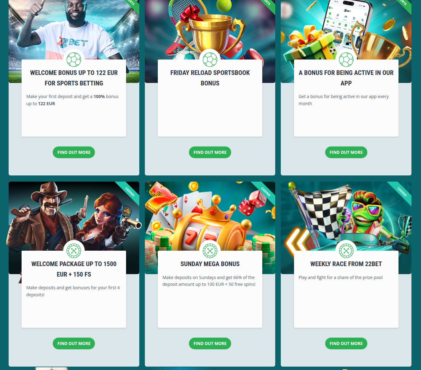 Bonusübersicht von 22Bet mit Willkommensbonus 122 Euro, Casino-Paket 1500 Euro und Freitags-Reload