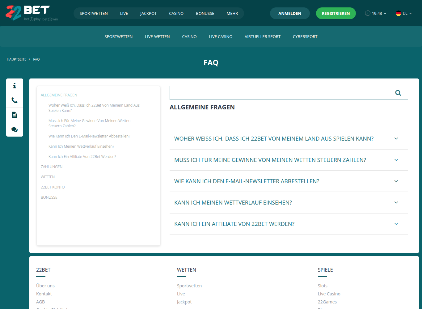 FAQ-Bereich von 22Bet auf Deutsch mit Fragen zu Konto, Einzahlungen und Wetten