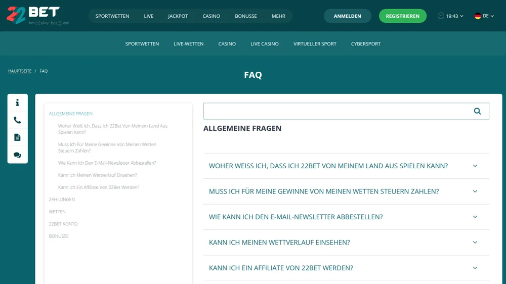 FAQ-Bereich von 22Bet auf Deutsch mit Fragen zu Konto, Einzahlungen und Wetten