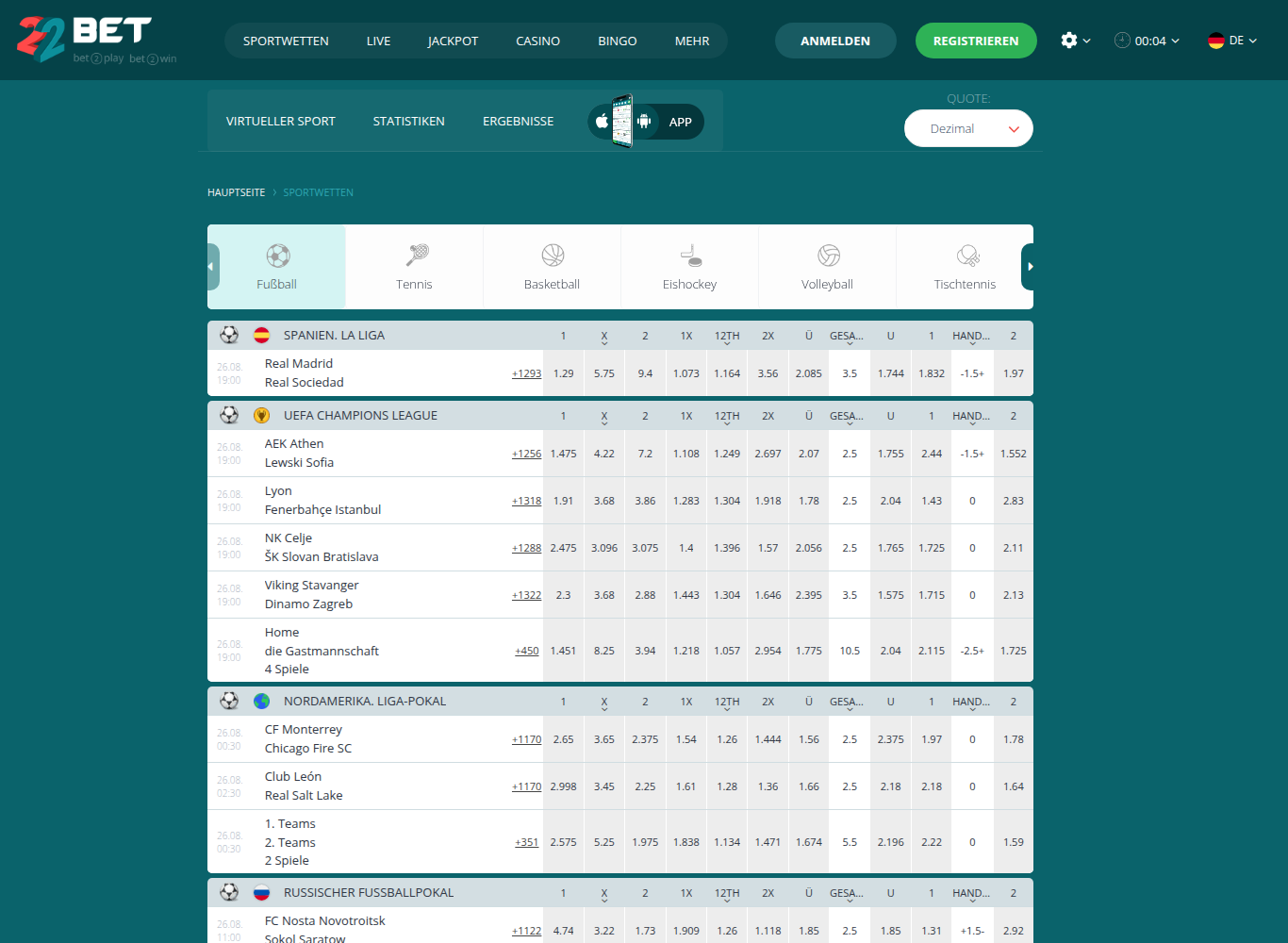 22Bet Fußballwetten auf Deutsch mit La Liga, Champions League und Dezimalquoten