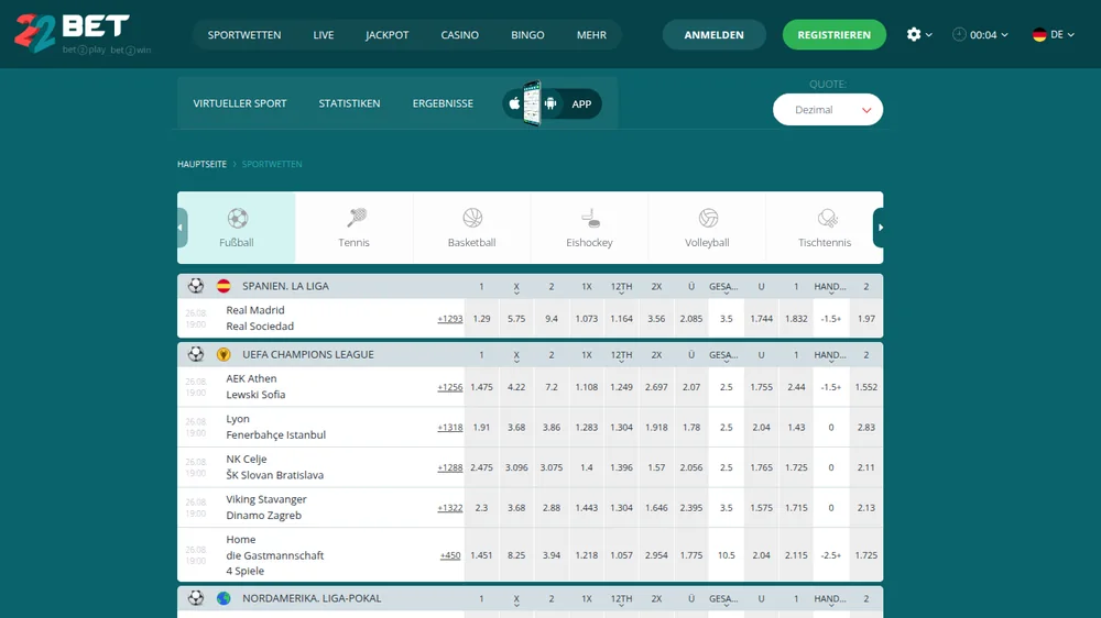 22Bet Fußballwetten auf Deutsch mit La Liga, Champions League und Dezimalquoten