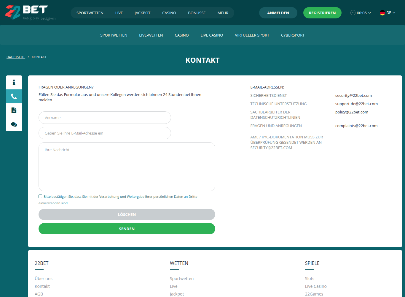 Kontaktseite von 22Bet auf Deutsch mit Formular und fünf E-Mail-Adressen