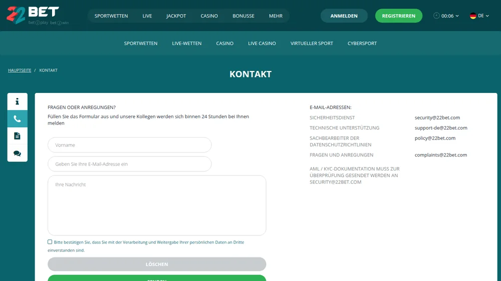Kontaktseite von 22Bet auf Deutsch mit Formular und fünf E-Mail-Adressen