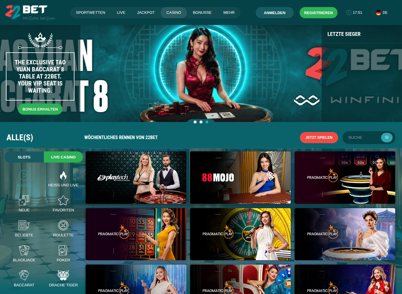 Live-Casino von 22Bet auf Deutsch mit echten Dealern