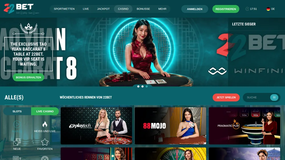 Live-Casino von 22Bet auf Deutsch mit echten Dealern