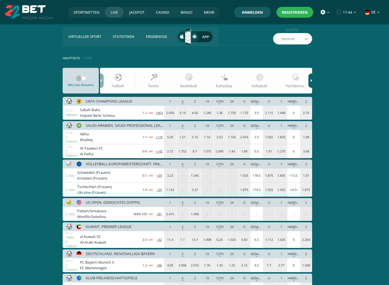 Live-Wetten bei 22Bet auf Deutsch mit laufenden Quoten