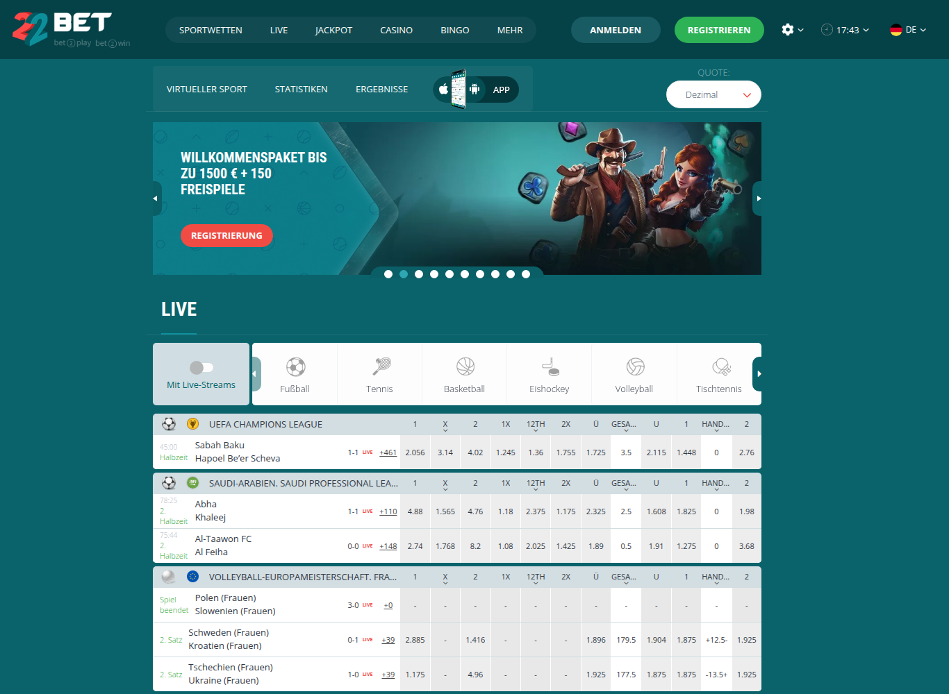 22Bet Startseite auf Deutsch aus Luxemburg, mit dem Willkommenspaket bis 1.500 Euro