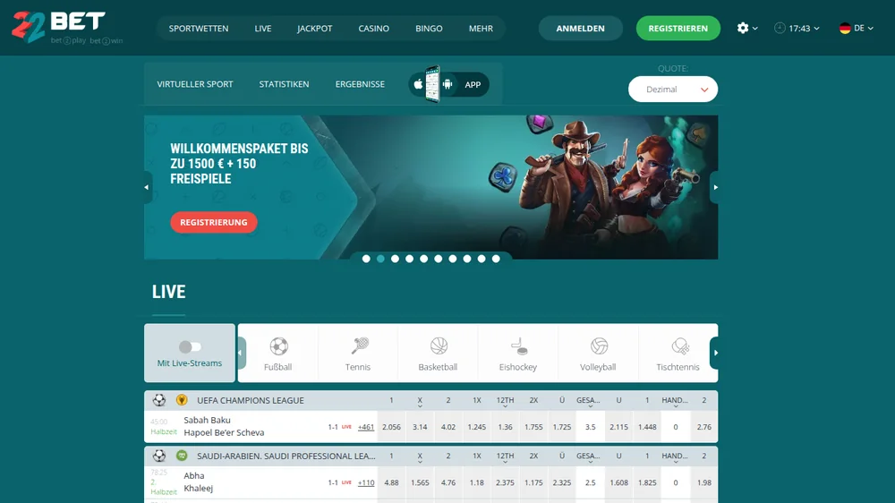 22Bet Startseite auf Deutsch aus Luxemburg, mit dem Willkommenspaket bis 1.500 Euro