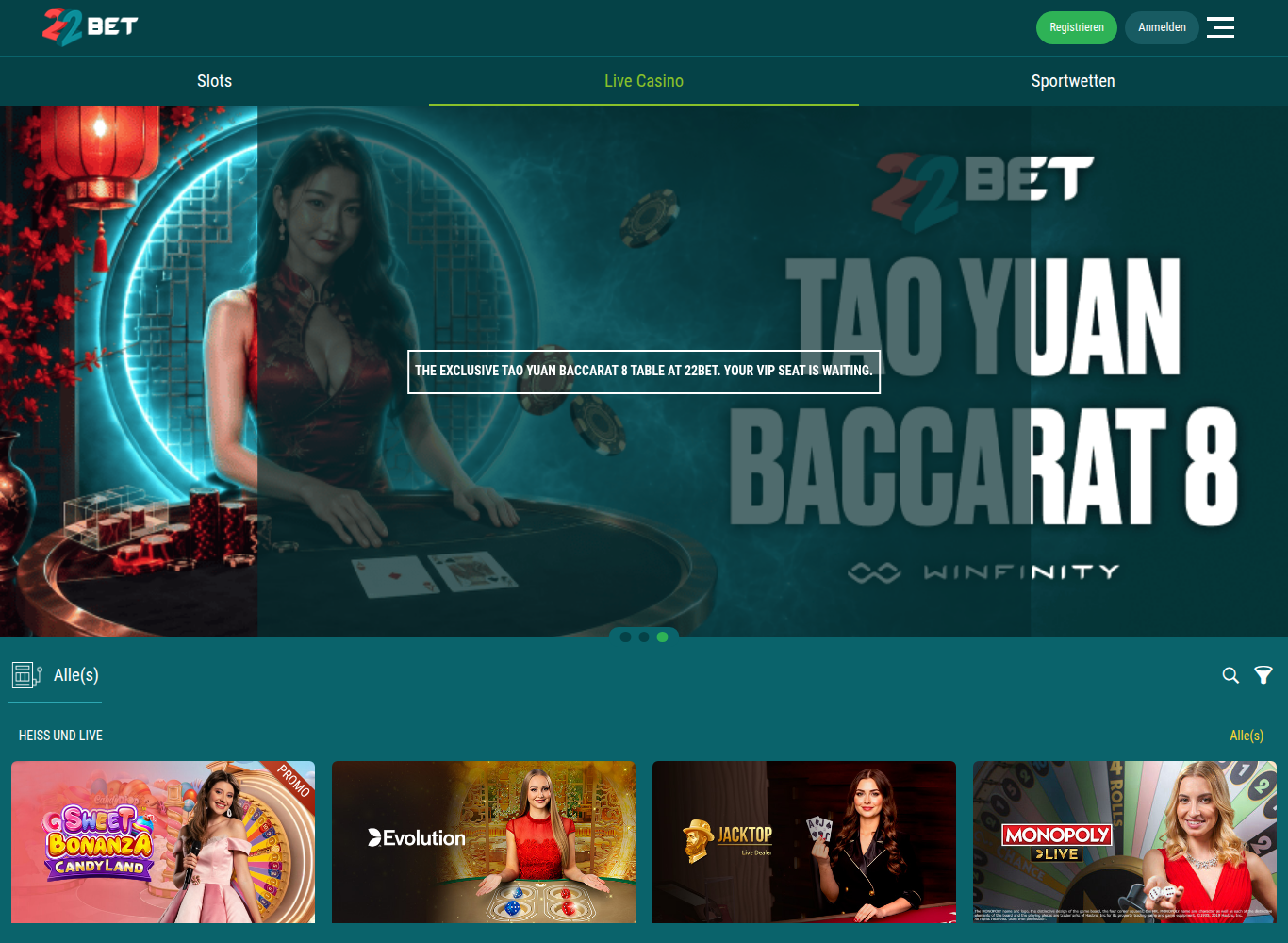 22Bet Casino in der mobilen Ansicht mit den Reitern Slots, Live Casino und Sportwetten