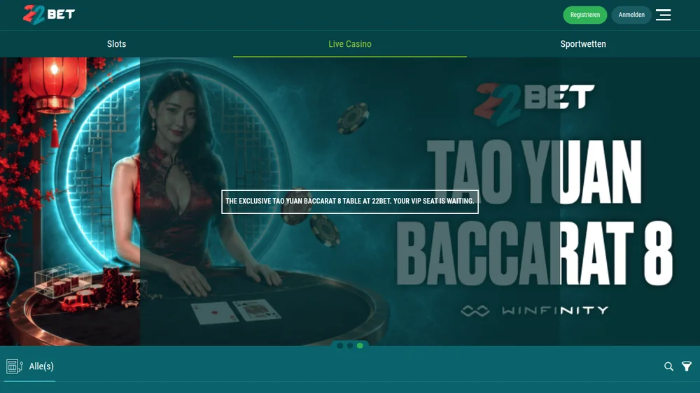 22Bet Casino in der mobilen Ansicht mit den Reitern Slots, Live Casino und Sportwetten