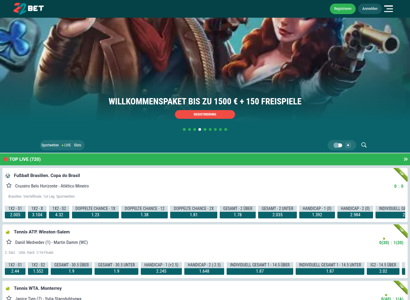 22Bet mobile Startseite auf Deutsch mit dem Willkommenspaket bis 1.500 Euro