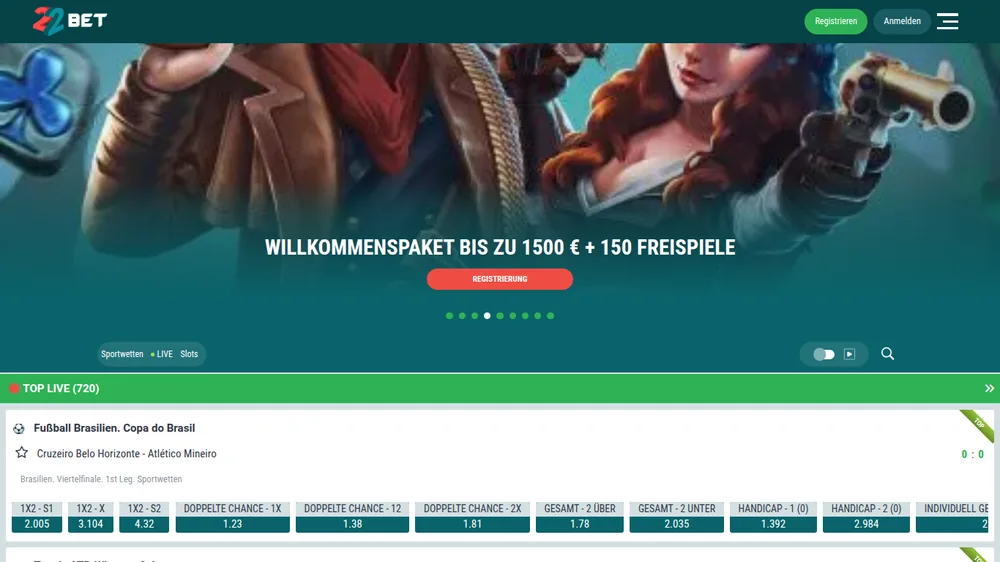 22Bet mobile Startseite auf Deutsch mit dem Willkommenspaket bis 1.500 Euro