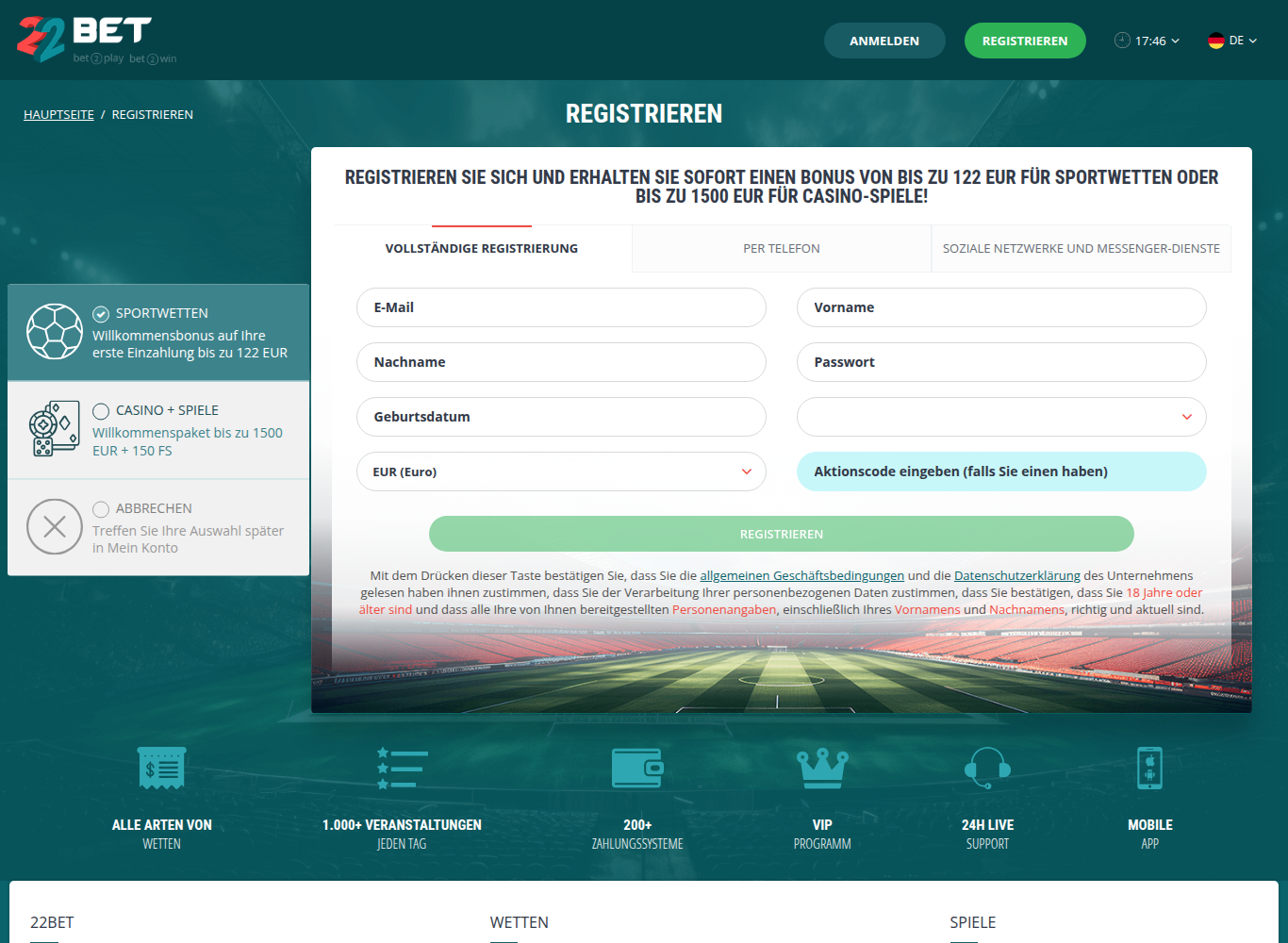 Registrierungsformular von 22Bet auf Deutsch