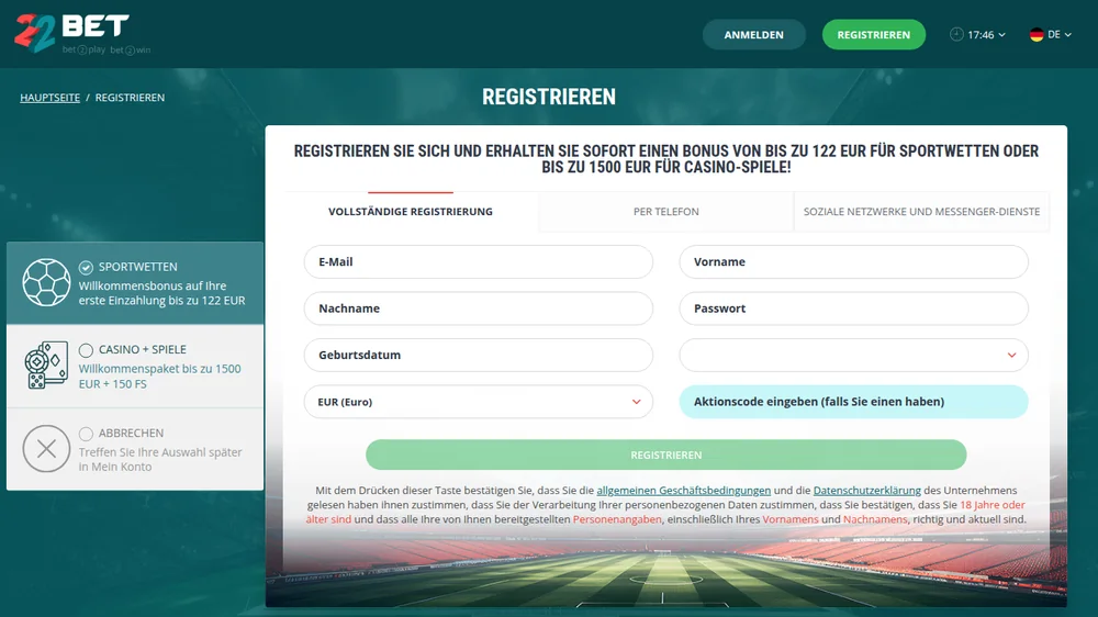 Registrierungsformular von 22Bet auf Deutsch