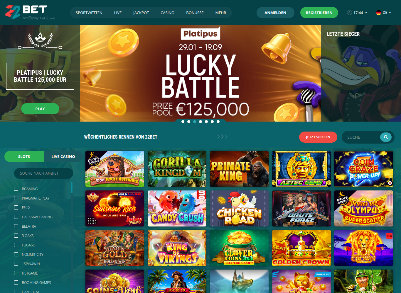 Spielautomaten-Lobby von 22Bet auf Deutsch mit der Anbieterliste