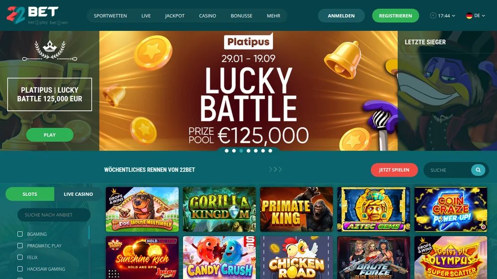 Spielautomaten-Lobby von 22Bet auf Deutsch mit der Anbieterliste