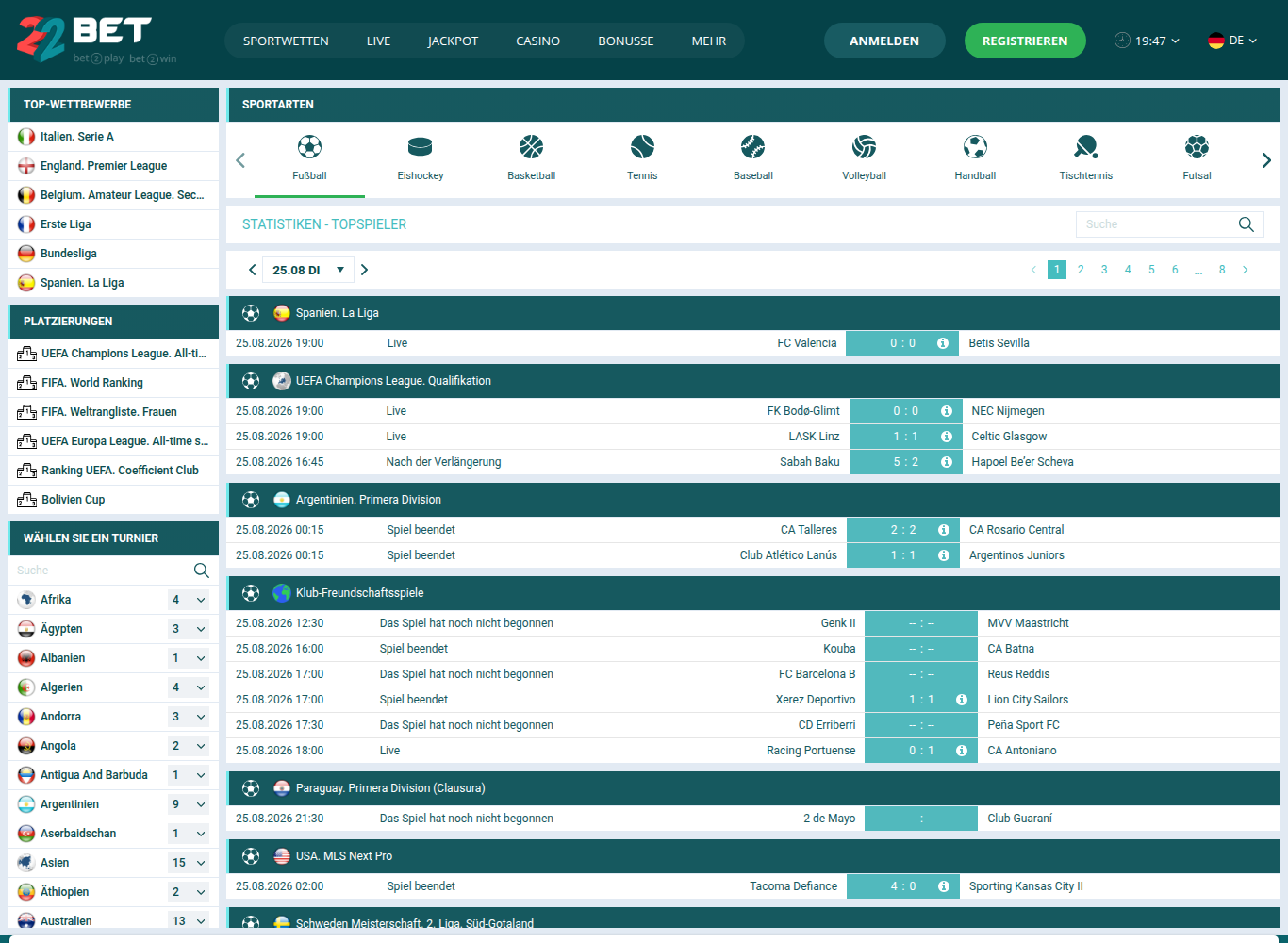 Statistikbereich von 22Bet auf Deutsch mit Ligatabellen und Ergebnissen