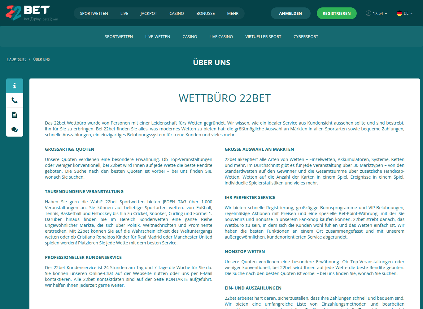 Seite Über uns von 22Bet auf Deutsch
