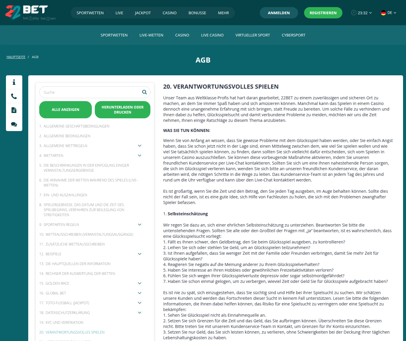 Abschnitt 20 der 22Bet-AGB auf Deutsch: Verantwortungsvolles Spielen mit Selbsteinschätzung und Selbstausschluss