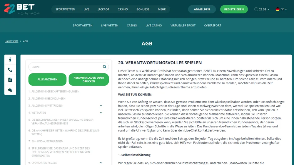 Abschnitt 20 der 22Bet-AGB auf Deutsch: Verantwortungsvolles Spielen mit Selbsteinschätzung und Selbstausschluss