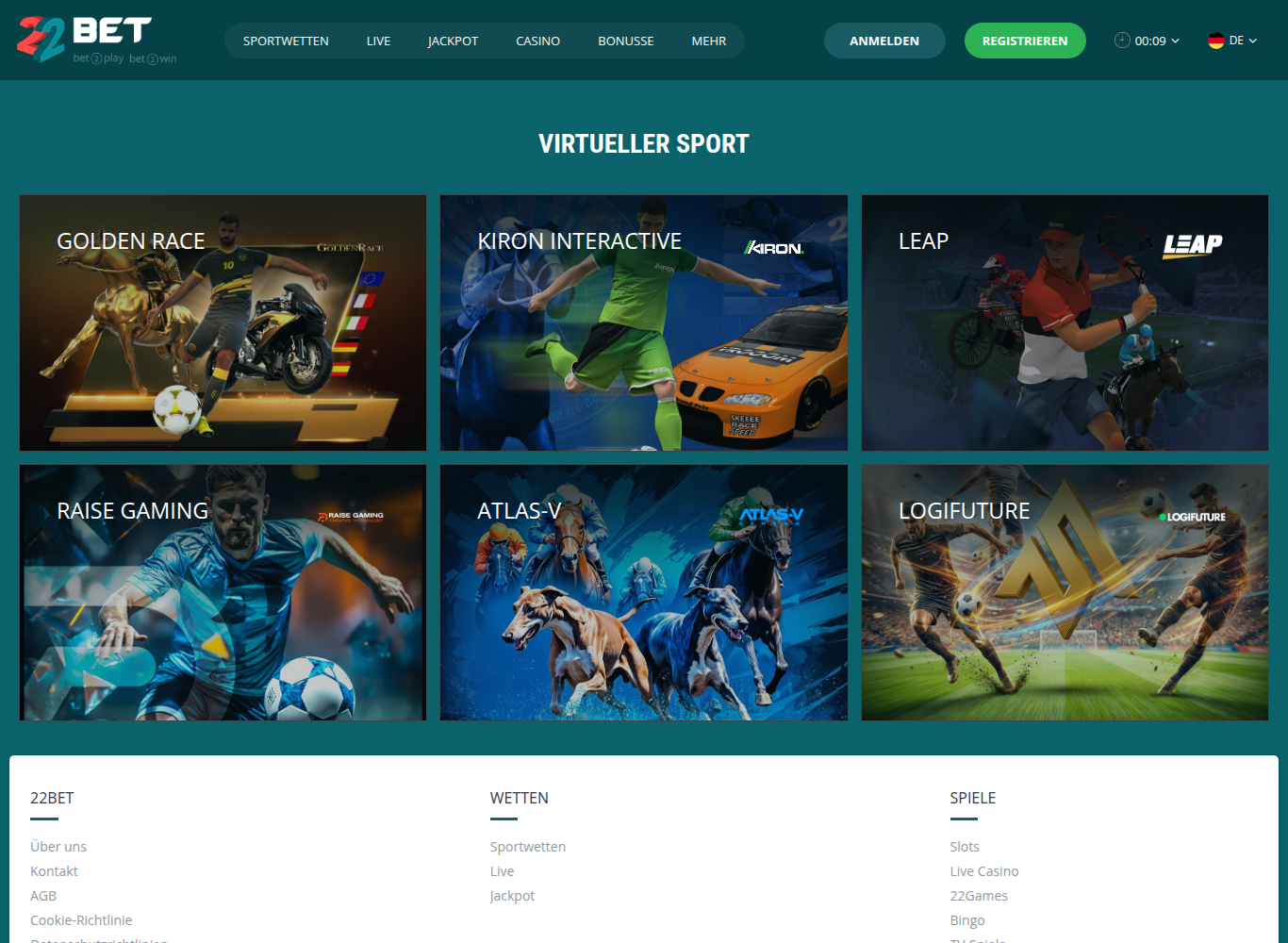 Virtueller Sport bei 22Bet mit Golden Race, Kiron Interactive, Leap und Atlas V