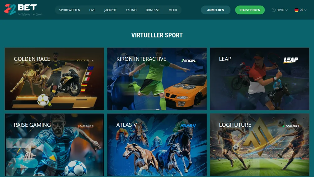 Virtueller Sport bei 22Bet mit Golden Race, Kiron Interactive, Leap und Atlas V