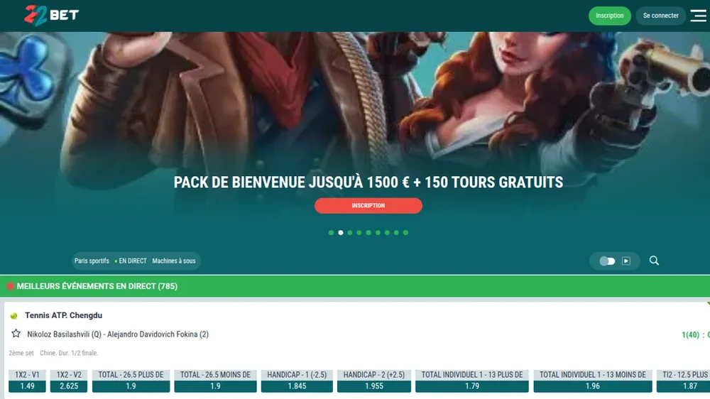 Interface mobile de 22Bet en français, affichée depuis le Luxembourg
