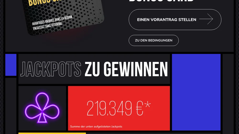 Öffnungszeiten, Bonus Card und Jackpot-Summe von 219.305 € auf der Website des Casino 2000 am 2. Oktober 2026