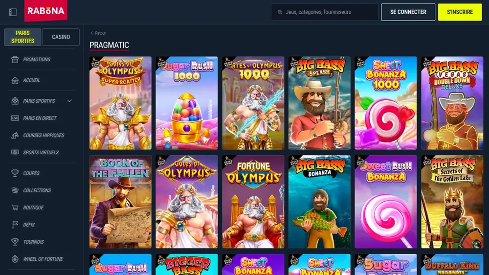 Page des jeux Pragmatic Play chez Rabona : Gates of Olympus, Sugar Rush, Big Bass, Sweet Bonanza