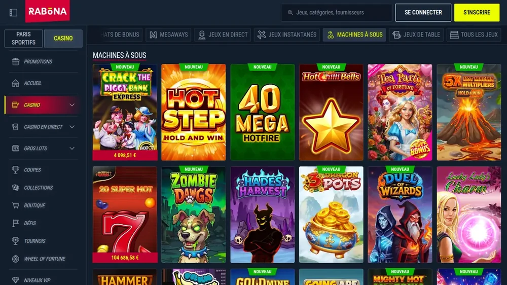 Lobby des machines à sous de Rabona en français, avec jackpots affichés en euros