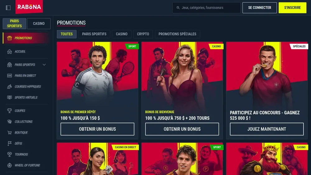 Page des promotions de Rabona consultée depuis le Luxembourg, montants affichés en dollars