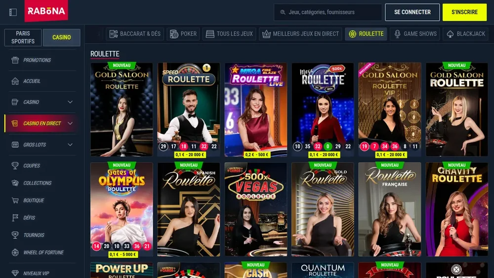 Tables de roulette en direct chez Rabona, avec limites de mise de 0,10 € à 20 000 € et une roulette française